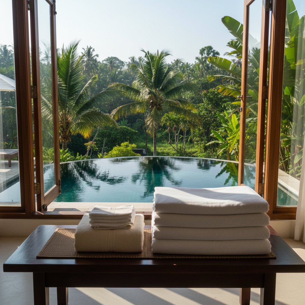 ผ้าขนหนูสีขาวพับเรียบร้อยในบรรยากาศ Pool Villa